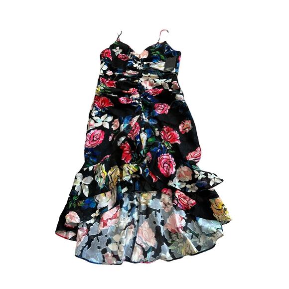 Aidan Mattox Womens Dress Black 6 Floral Cocktail Ruched Ruffle High Low - Picture 2 of 10
